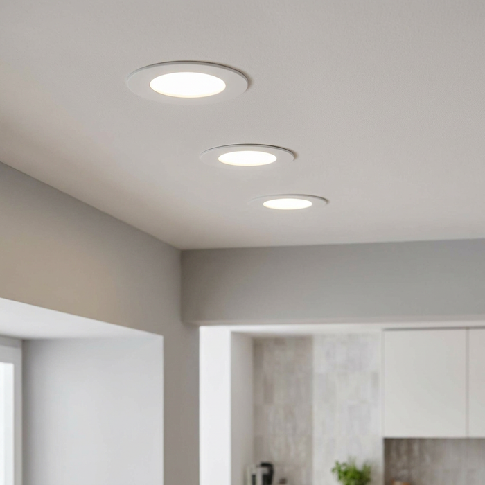 Three modern white recessed LED downlights installed in a row on a white kitchen ceiling.