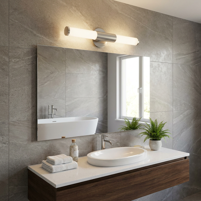 Brushed nickel tubular wall light with white glass diffusers mounted above a mirror in a modern stone-tiled bathroom.