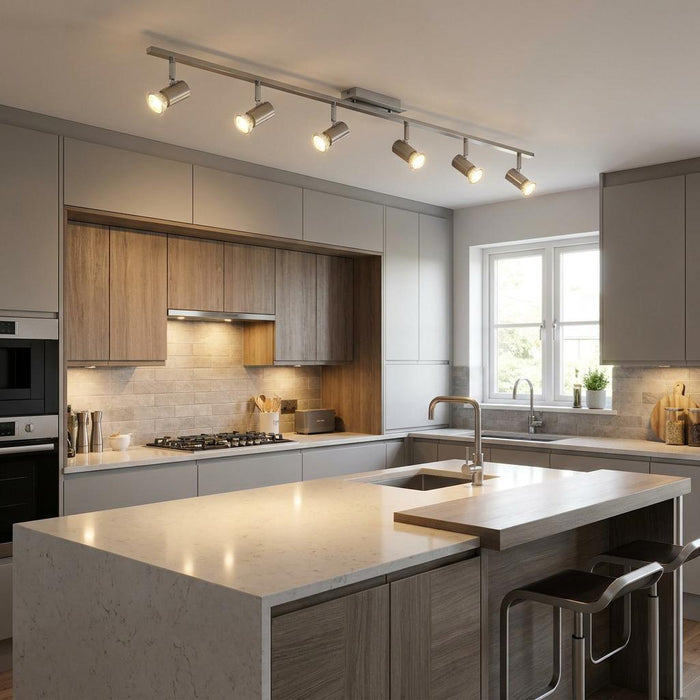 Sleek Eglo Rottelo 6 light bar spotlight in nickel and chrome illuminating a modern kitchen island and cabinets.
