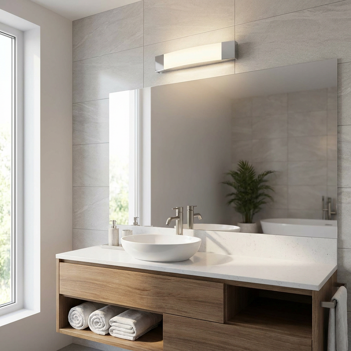 Modern chrome and white LED wall light mounted above a large mirror in a contemporary tiled bathroom.