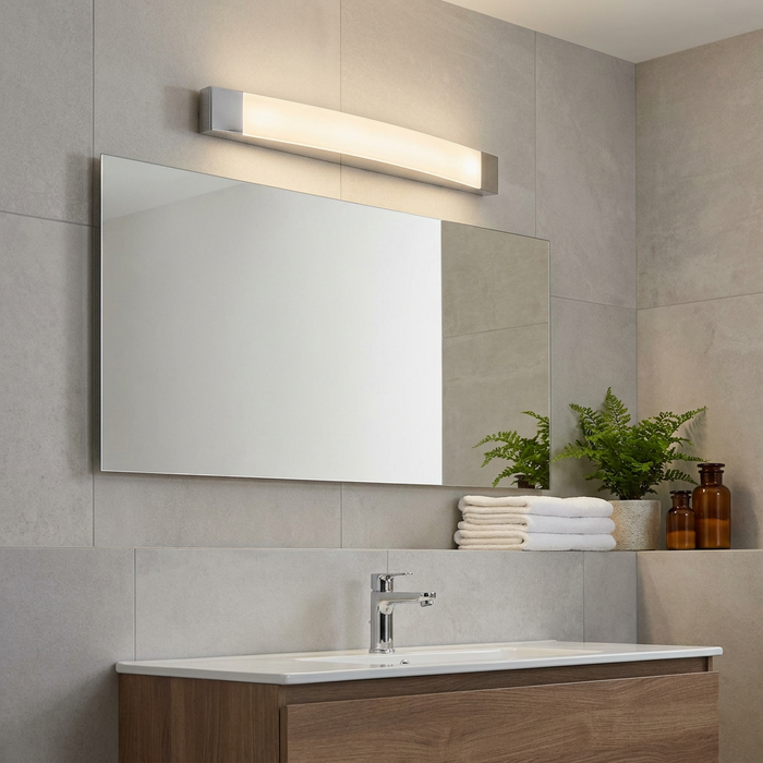 Modern chrome LED wall light mounted above a large mirror on a grey tiled bathroom wall.