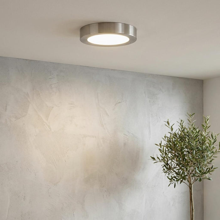 Round stainless steel LED flush mount light illuminating a textured grey wall and an indoor potted tree.