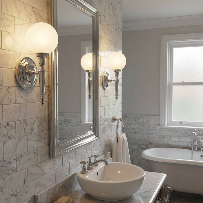 Polished chrome bathroom wall light with an opal globe shade mounted on marble tiles beside a mirror.