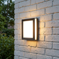 Square graphite outdoor wall light glowing against a white brick wall.