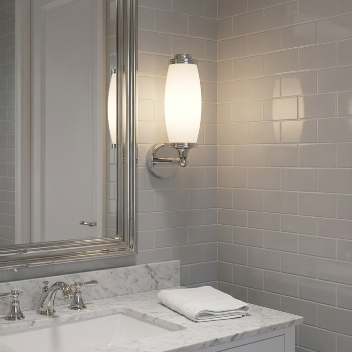Elstead Eliot polished chrome wall light with an opal glass shade mounted on a grey subway tile wall by a mirror.