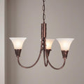 Three-light copper chandelier with frosted trumpet shades and twisted metal detailing against a neutral wall.