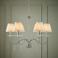 Elstead Finsbury Park 6-light polished nickel chandelier with pleated cream shades and crystal droplets.