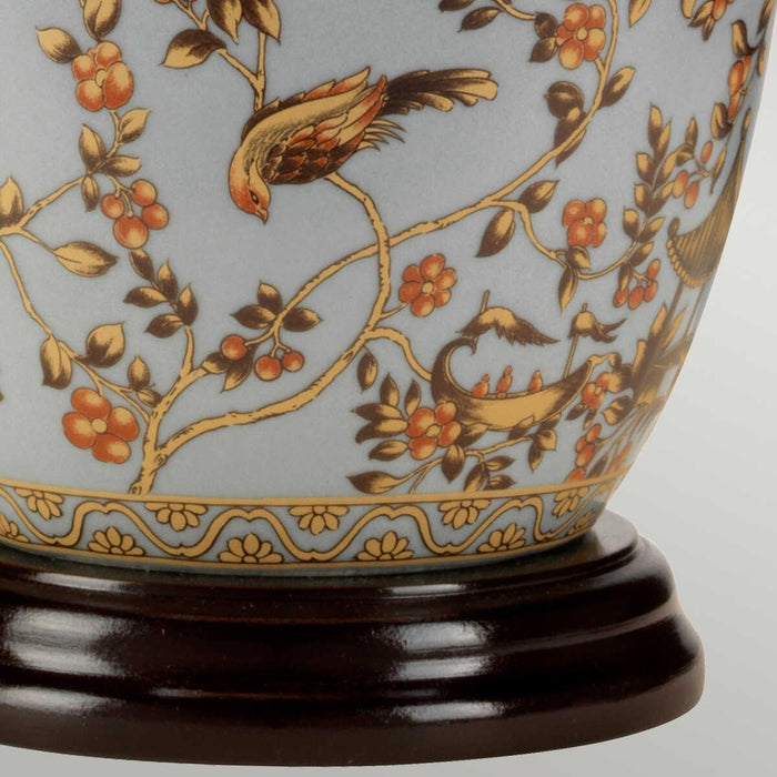 Elstead Gold Birds & Berries Ceramic Table Lamp wooden base close up