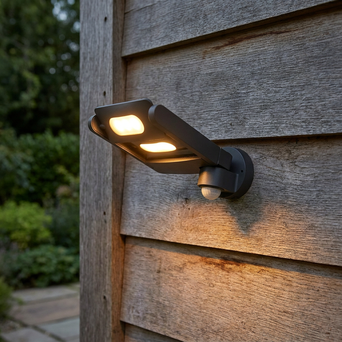 Graphite Elstead Ledspot outdoor wall light with warm LED panels and PIR sensor mounted on a wooden wall.