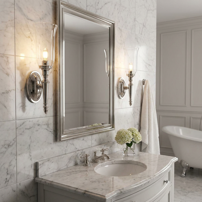 Two polished nickel Dryden wall lights with clear glass shades flanking a mirror in a marble bathroom setting.
