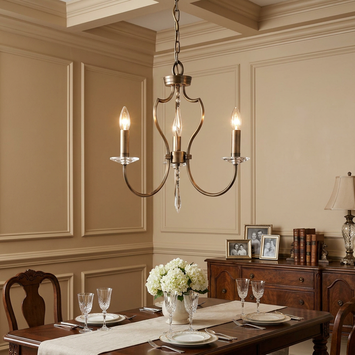 Elstead Pimlico 3-light dark bronze chandelier hanging over a set dining table in a traditional room.
