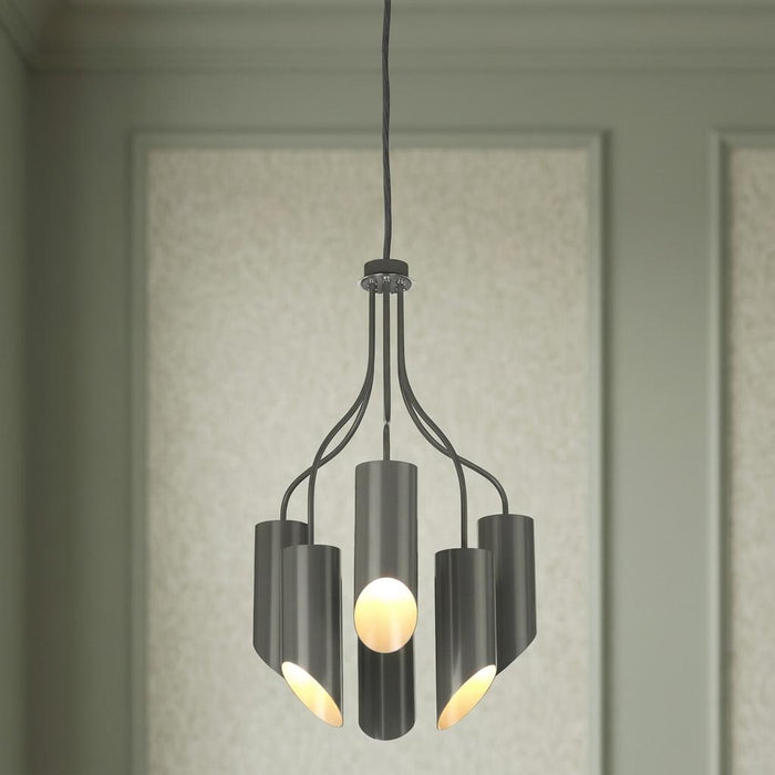 Contemporary six-light chandelier with angled grey cylindrical shades and polished nickel hardware.