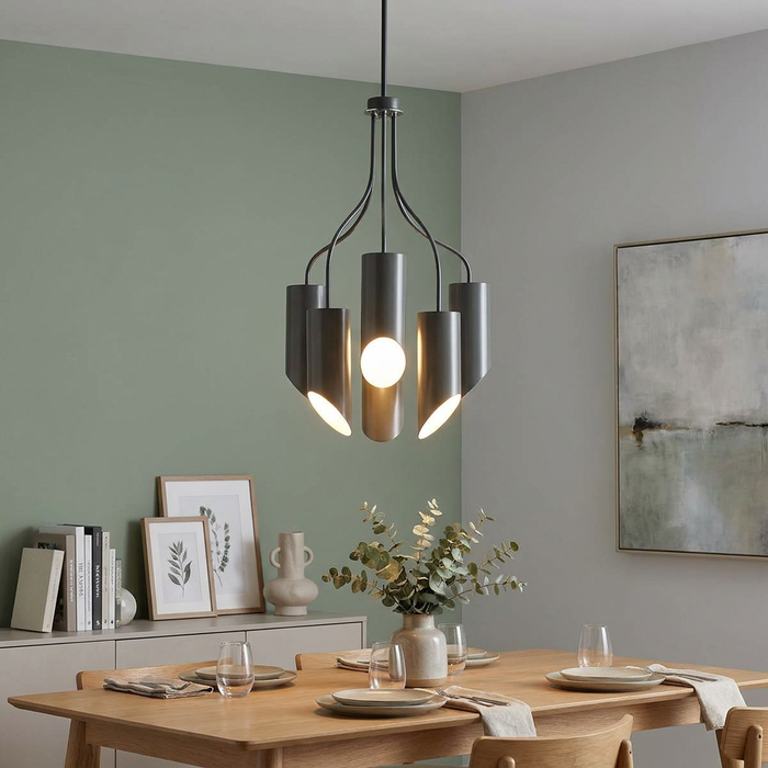 Elstead Quinto 6-light grey chandelier hanging over a dining table in a contemporary room.
