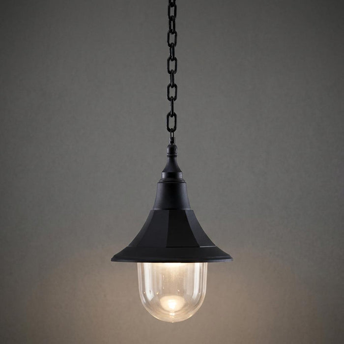 Black outdoor pendant light with a clear glass dome and chain suspension, illuminated against a grey background.