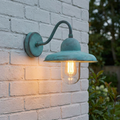 Verdigris outdoor wall light with a swan neck arm and clear glass jar, illuminated on a white brick wall.
