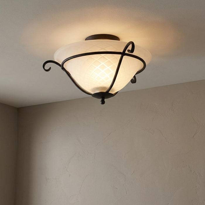 Elstead Torchiere black flush ceiling light with opal glass bowl and scroll metalwork detail.