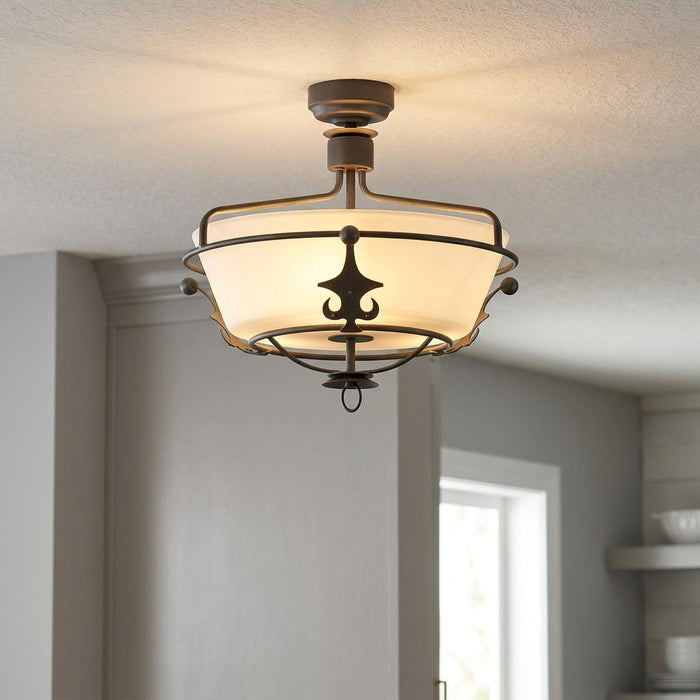 Elstead Windsor semi-flush ceiling light in graphite with an opal glass bowl and decorative metal frame.