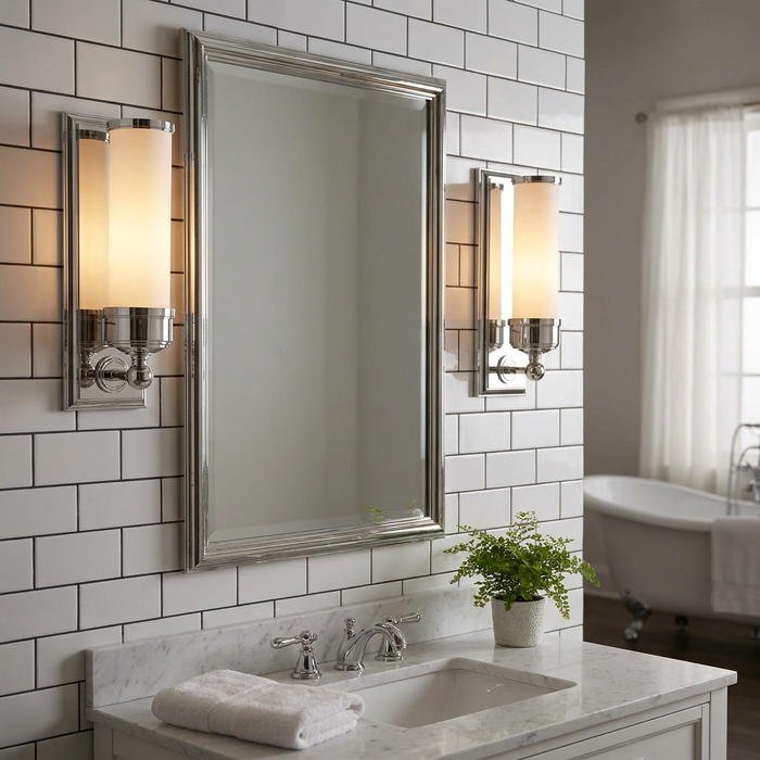 A pair of polished chrome wall lights with cylindrical opal glass shades flanking a bathroom mirror.