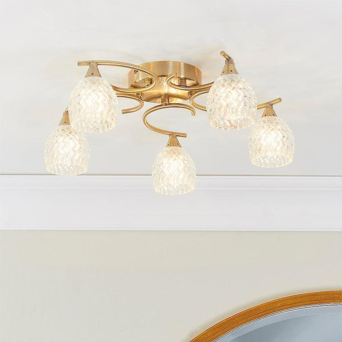 Traditional Flush & Semi Flush Ceiling Lights - Boyer 5 Arm Antique Brass Plate Flush Ceiling Light BOYER-5AB close up