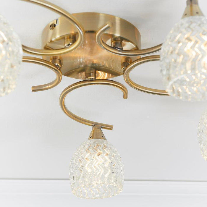 Traditional Flush & Semi Flush Ceiling Lights - Boyer 5 Arm Antique Brass Plate Flush Ceiling Light BOYER-5AB fitting close up