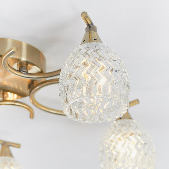 Traditional Flush & Semi Flush Ceiling Lights - Boyer 5 Arm Antique Brass Plate Flush Ceiling Light BOYER-5AB crystal bulb