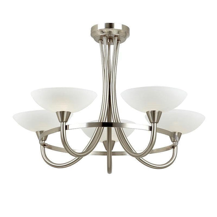 Traditional Flush And Semi Flush Ceiling Lights - Cagney 5LT Satin Crome & White Painted Glass With Lines Semi Flush Ceiling Light CAGNEY-5SC