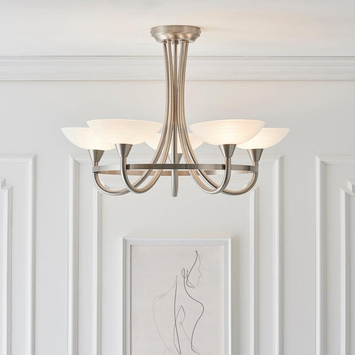 Traditional Flush And Semi Flush Ceiling Lights - Cagney 5LT Satin Crome & White Painted Glass With Lines Semi Flush Ceiling Light CAGNEY-5SC front view
