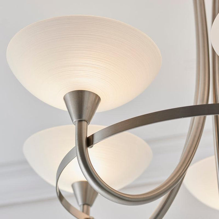 Traditional Flush And Semi Flush Ceiling Lights - Cagney 5LT Satin Crome & White Painted Glass With Lines Semi Flush Ceiling Light CAGNEY-5SC lamp zoom