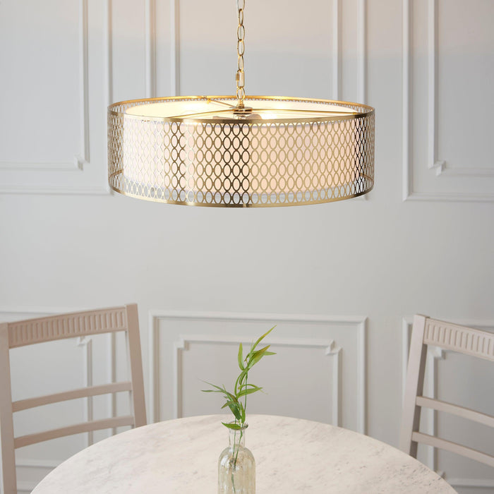 Endon Cordero 3 Light Gold Ceiling Pendant-Ceiling Pendant Lights-Endon Lighting Living Room Wide Shot Lighting Tiffany Lighting Direct