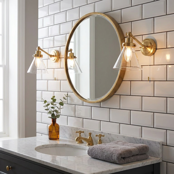 Brass bathroom wall lights with clear glass shades flanking a round mirror on a white subway tile wall.