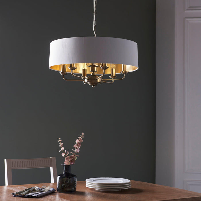 Endon Highclere 6 Light Antique Brass Pendant Ceiling Light-Ceiling Pendant Lights-Endon Lighting Living Room Close Up Lighting Tiffany Lighting Direct