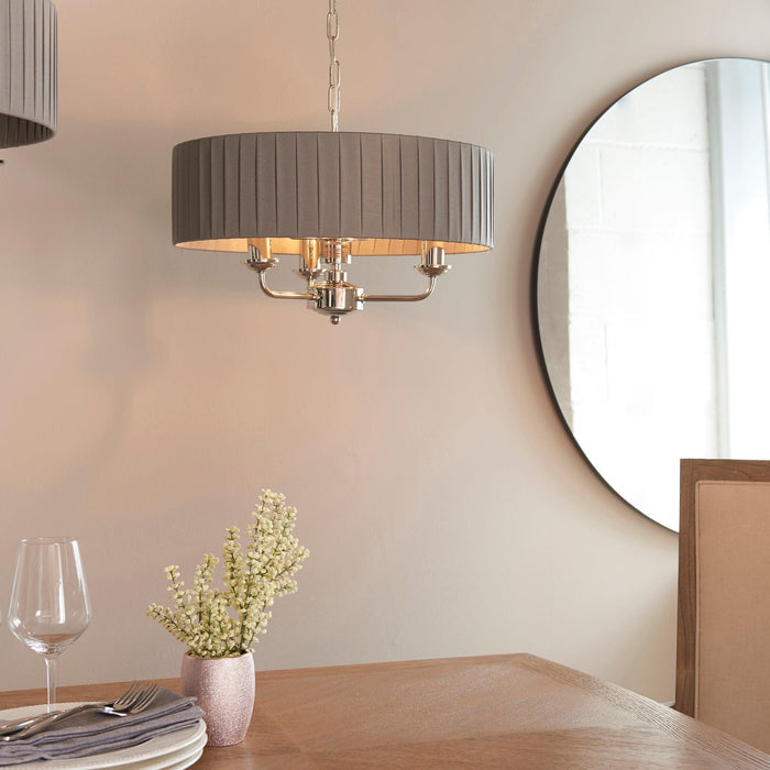 Highclere Nickel 3 Light Pendant With Charcoal Pleated Shade-Ceiling Pendant Lights-Endon Lighting Living Room Close Up Lighting Tiffany Lighting Direct