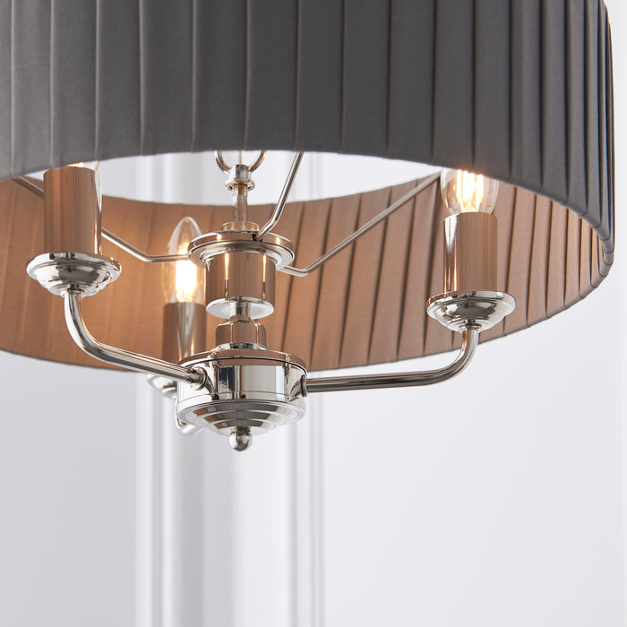 Highclere Nickel 3 Light Pendant With Charcoal Pleated Shade-Ceiling Pendant Lights-Endon Lighting hallway lighting photo Tiffany Lighting Direct