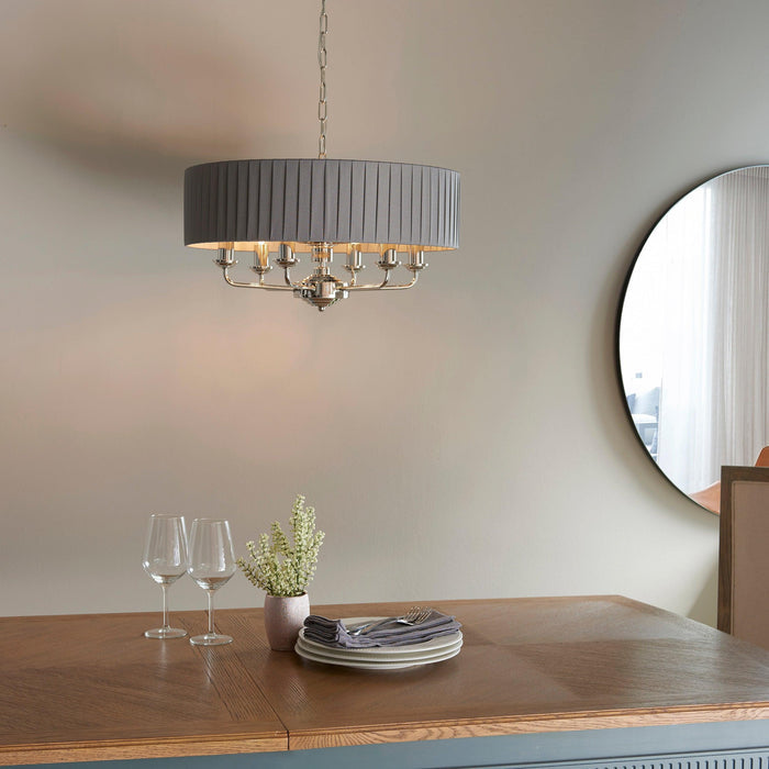 Endon Highclere Nickel 6 Light Pendant With Charcoal Shade-Ceiling Pendant Lights-Endon Lighting Living Room Close Up Lighting Tiffany Lighting Direct