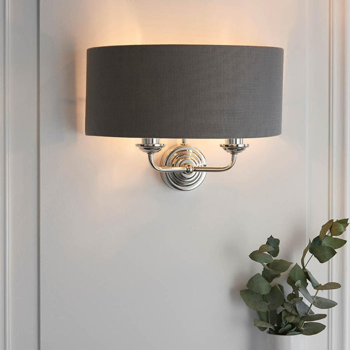 highclere bright nickel wall light charcoal shade by Endon Lighting Bedroom Close Up Image