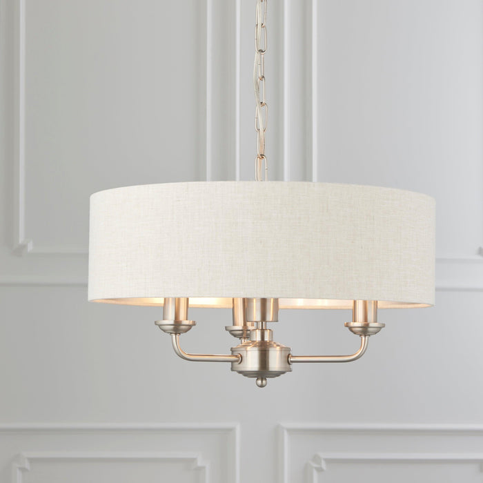 Highclere Brushed Chrome with Linen shade 3 Light Pendant-Ceiling Pendant Lights-Endon Lighting living room close. up unlit Tiffany Lighting Direct
