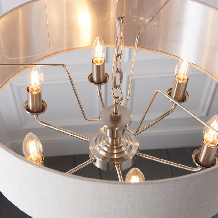 Highclere Brushed Chrome with Linen shade 6 Light Pendant-Ceiling Pendant Lights-Endon Lighting hallway lighting photo Tiffany Lighting Direct