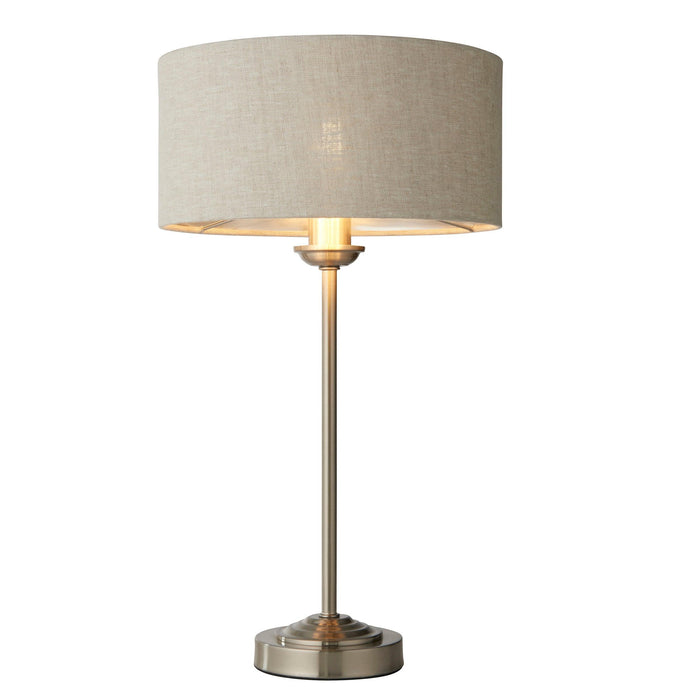 highclere brushed chrome table lamp linen shade by Endon Lighting Living room close up image