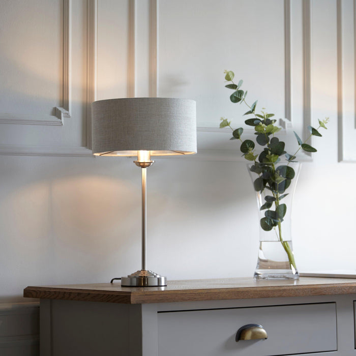 highclere brushed chrome table lamp linen shade by Endon Lighting Living Room  Unlit Shot