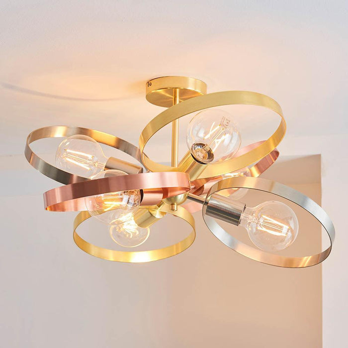 Endon Hoop 6 Light Semi Flush - Brushed Brass/Copper/Nickel Living room wide shot