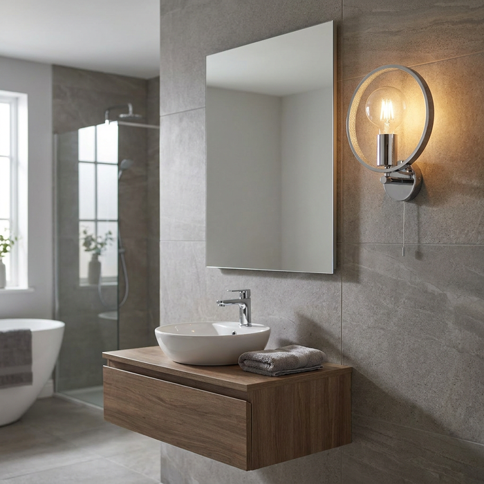 Modern chrome hoop wall light with an exposed bulb mounted on a tiled wall next to a bathroom mirror.