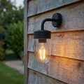 Modern black outdoor wall light with a glass capsule shade and a lit filament bulb on a wooden exterior wall.