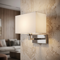 Endon Piccolo chrome wall light with a white rectangular fabric shade mounted on a textured beige wall.