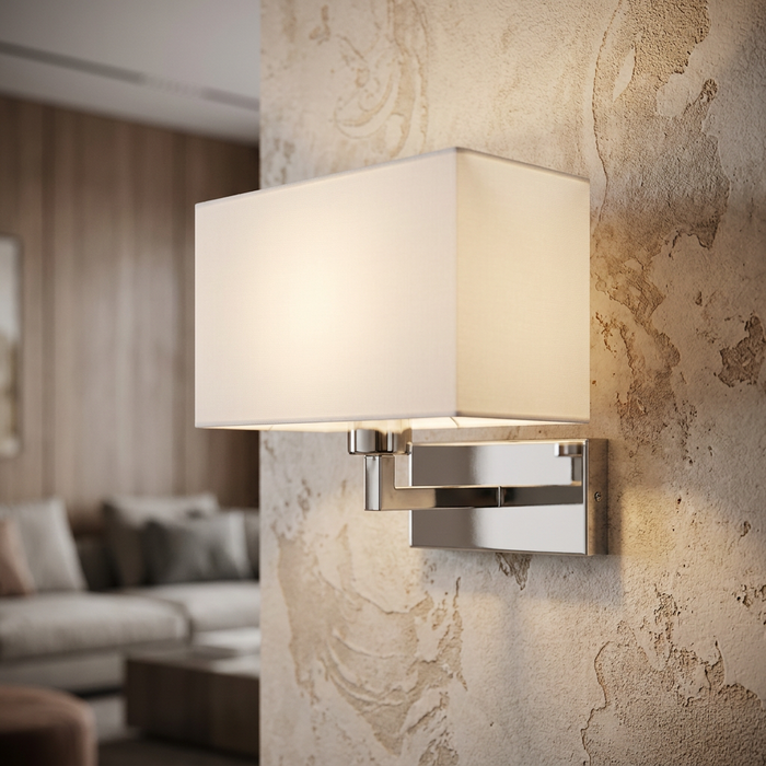 Endon Piccolo chrome wall light with a white rectangular fabric shade mounted on a textured beige wall.