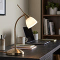 Antique brass desk lamp with a flexible neck and white glass shade lit on a dark wooden office desk.