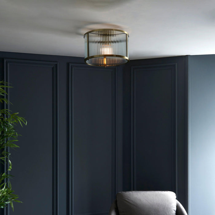 Endon Ridgeton Antique Brass & Ribbed Shade Glass Ceiling Flush_lifestyle-ceiling Living Room