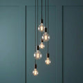 Six black pendant lights with clear globe bulbs hang at staggered heights against a teal paneled wall.