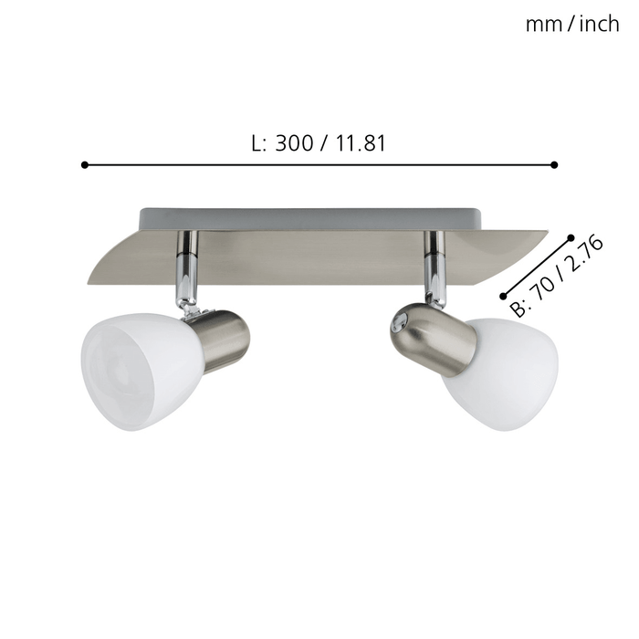 eglo enea nickel satin glass 2 light bar spotlight living room close up