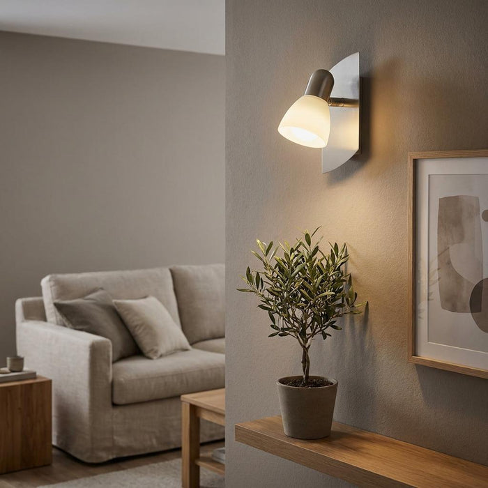 Nickel wall spotlight with frosted glass shade illuminating a small olive tree on a wooden shelf.