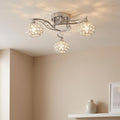 Esmee 3 Light Chrome Flush Ceiling Light with crystal beaded globe shades mounted on a neutral ceiling.